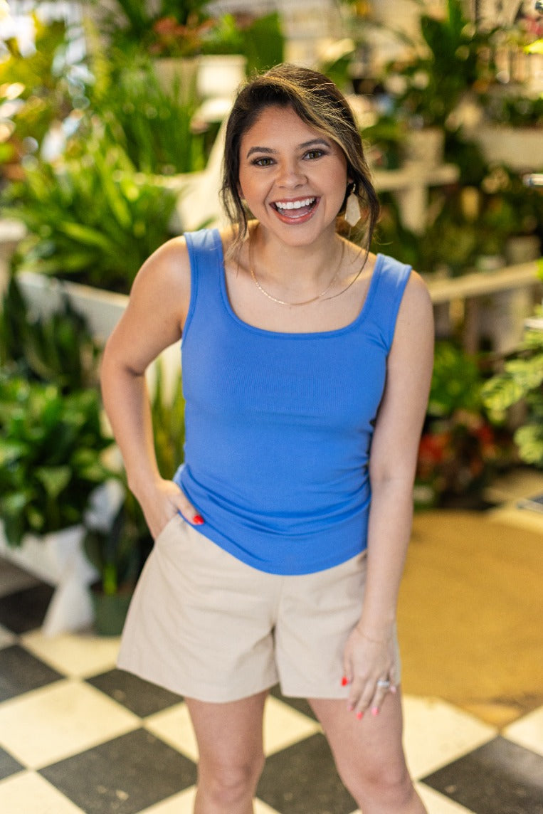 Grace+Emma Bella Square Neck Rib Knit Tank Top, Blue — comparison shot