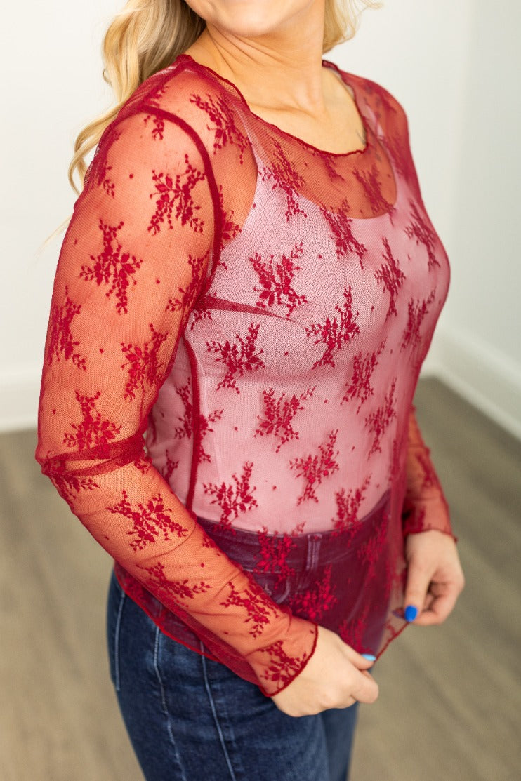 Grace+Emma Lace Long-sleeve Top, Red — fabric or material detail