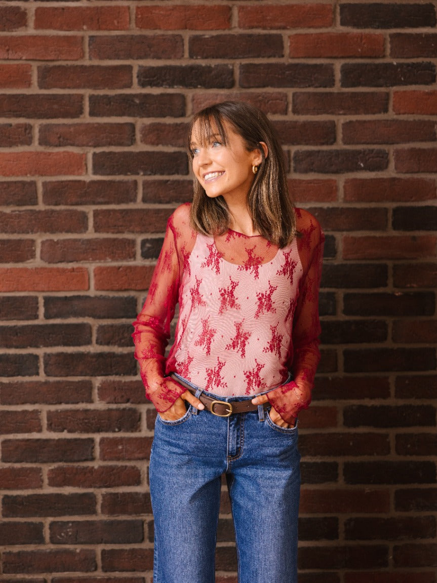 Grace+Emma Lace Long-sleeve Top, Red — in-use photo