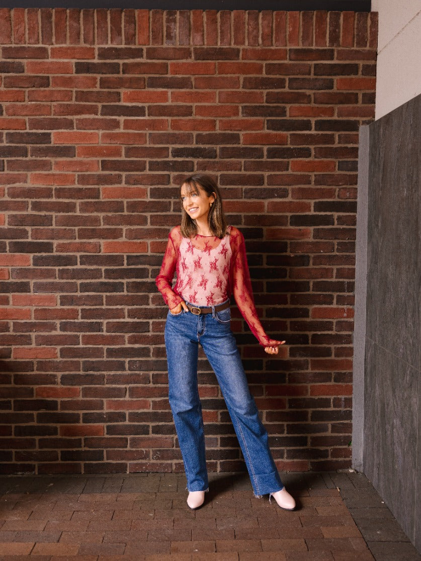 Grace+Emma Lace Long-sleeve Top, Red — packaging