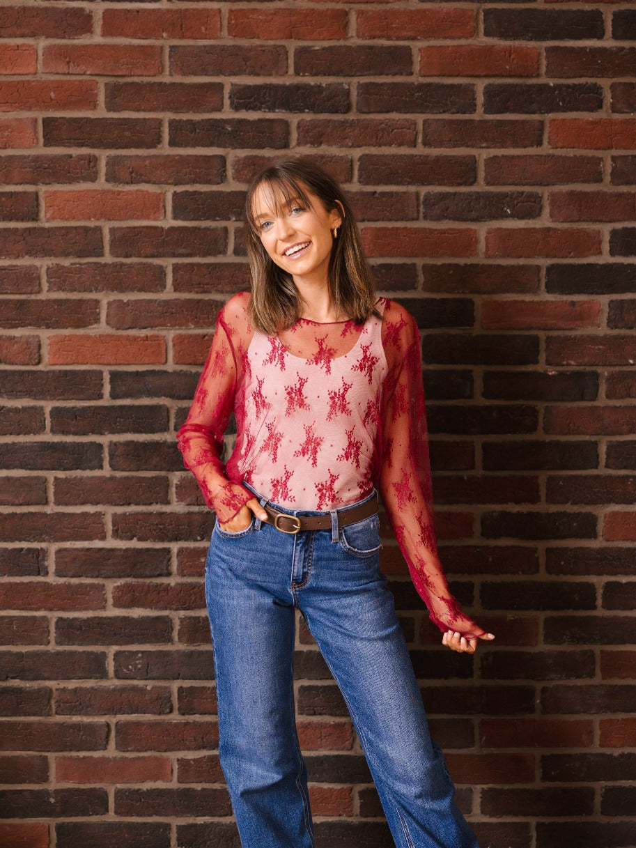 Grace+Emma Lace Long-sleeve Top, Red — color detail