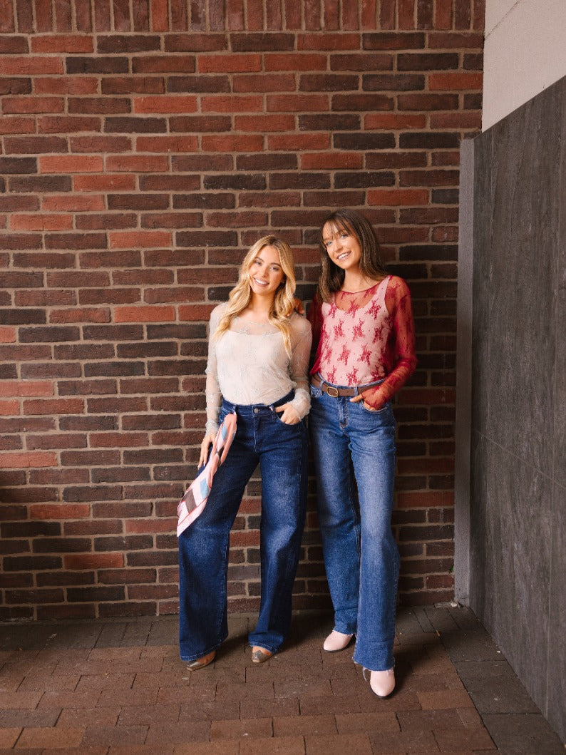 Grace+Emma Lace Long-sleeve Top, Red — feature highlight
