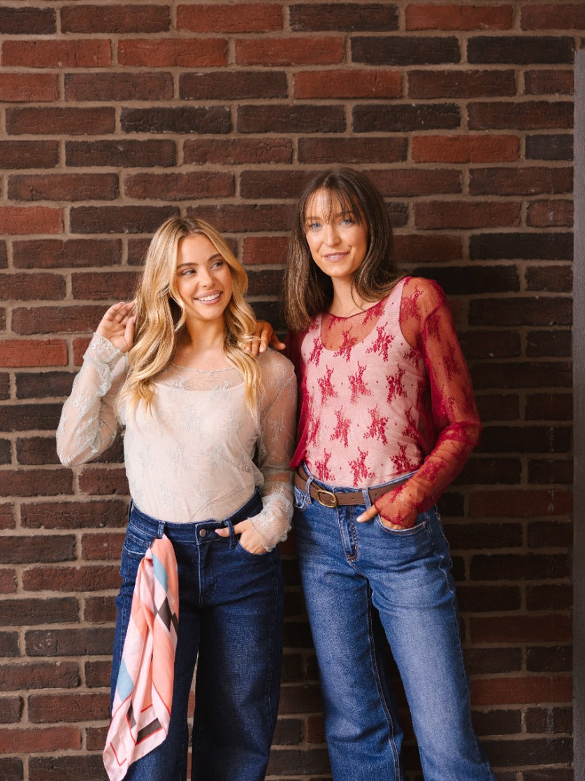 Grace+Emma Lace Long-sleeve Top, Red — comparison shot
