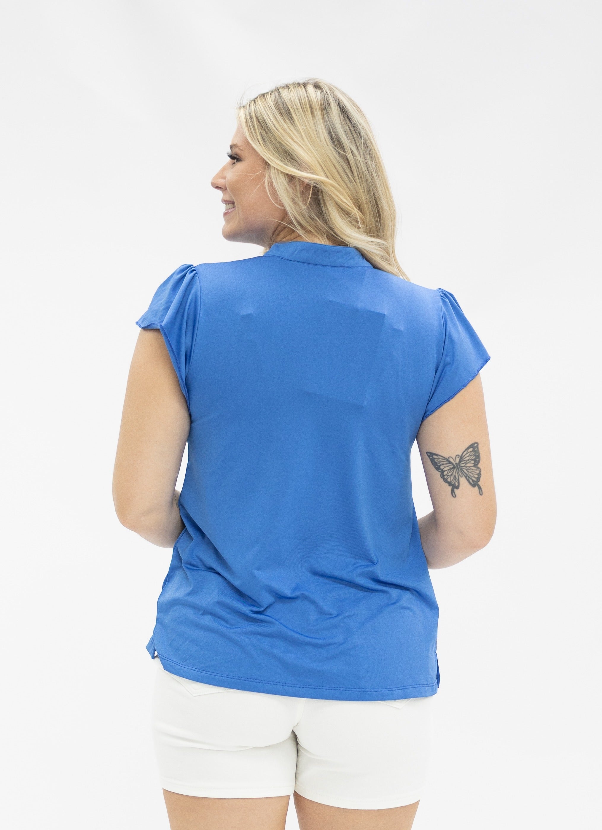 Grace+Emma The Nicole V-Neck Top, Blue — in-use photo