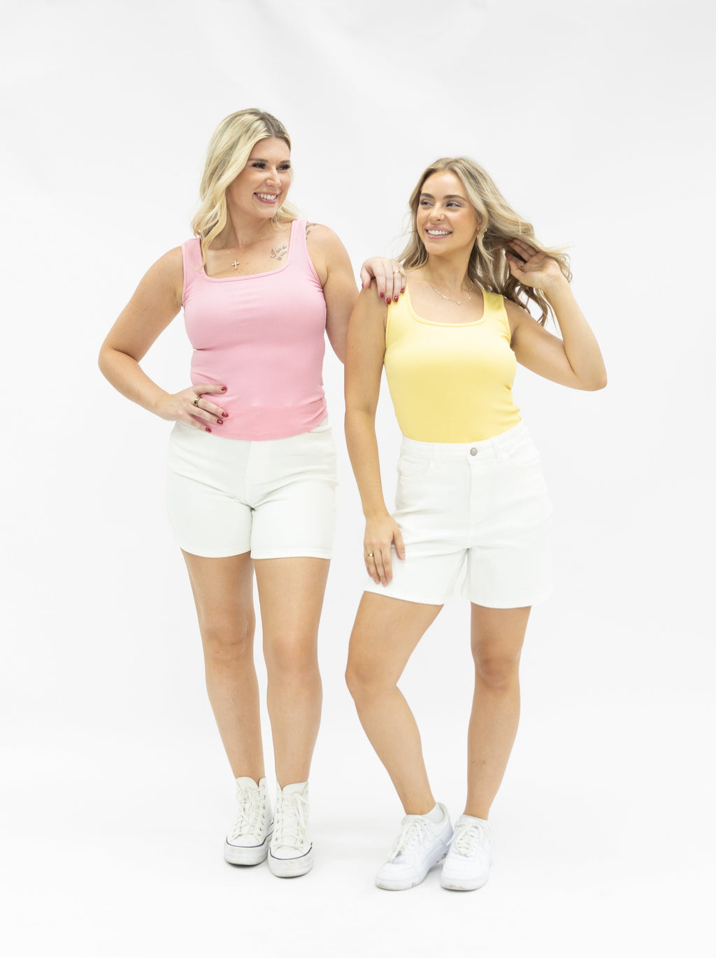 Grace+Emma Bella Square Neck Rib Knit Tank Top, Bright Yellow — in-use photo