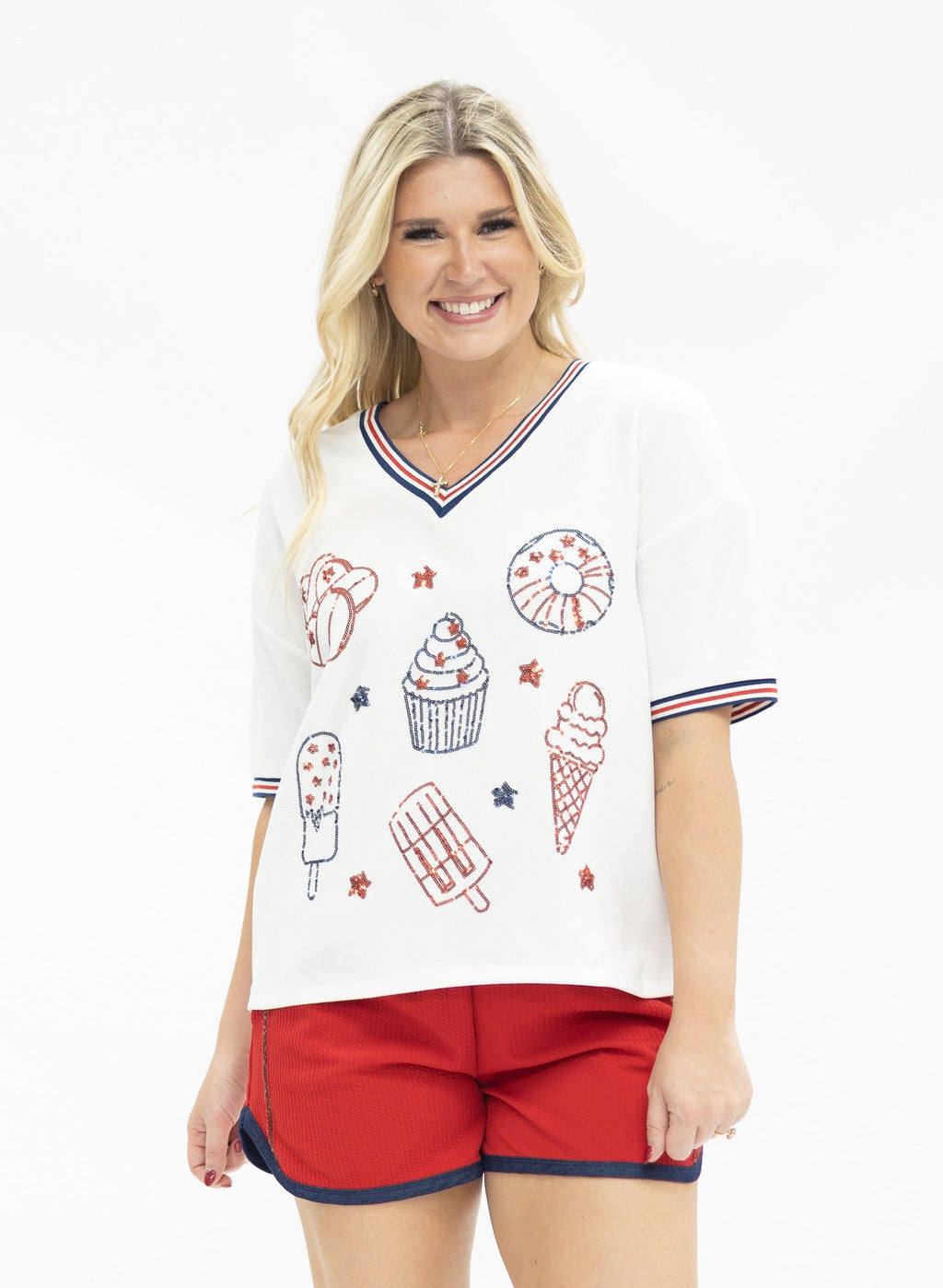Grace+Emma Sequin Americana Elements on V-Neck Top — side view