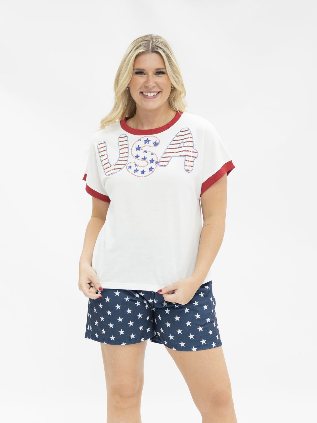Grace+Emma Sequin "USA" on White Top — lifestyle context