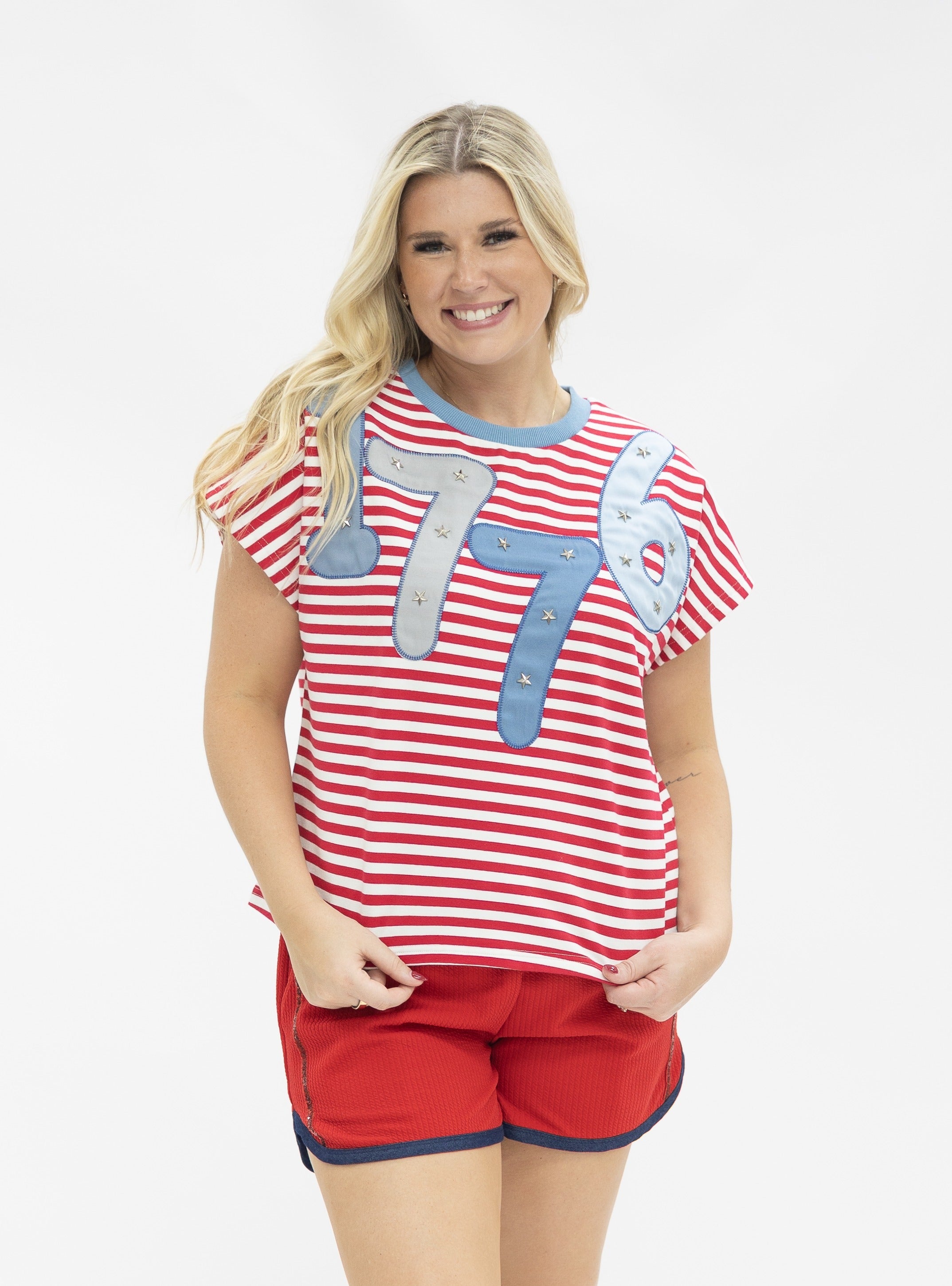Grace+Emma 1776 on a Short Sleeve Stripe Top — lifestyle context