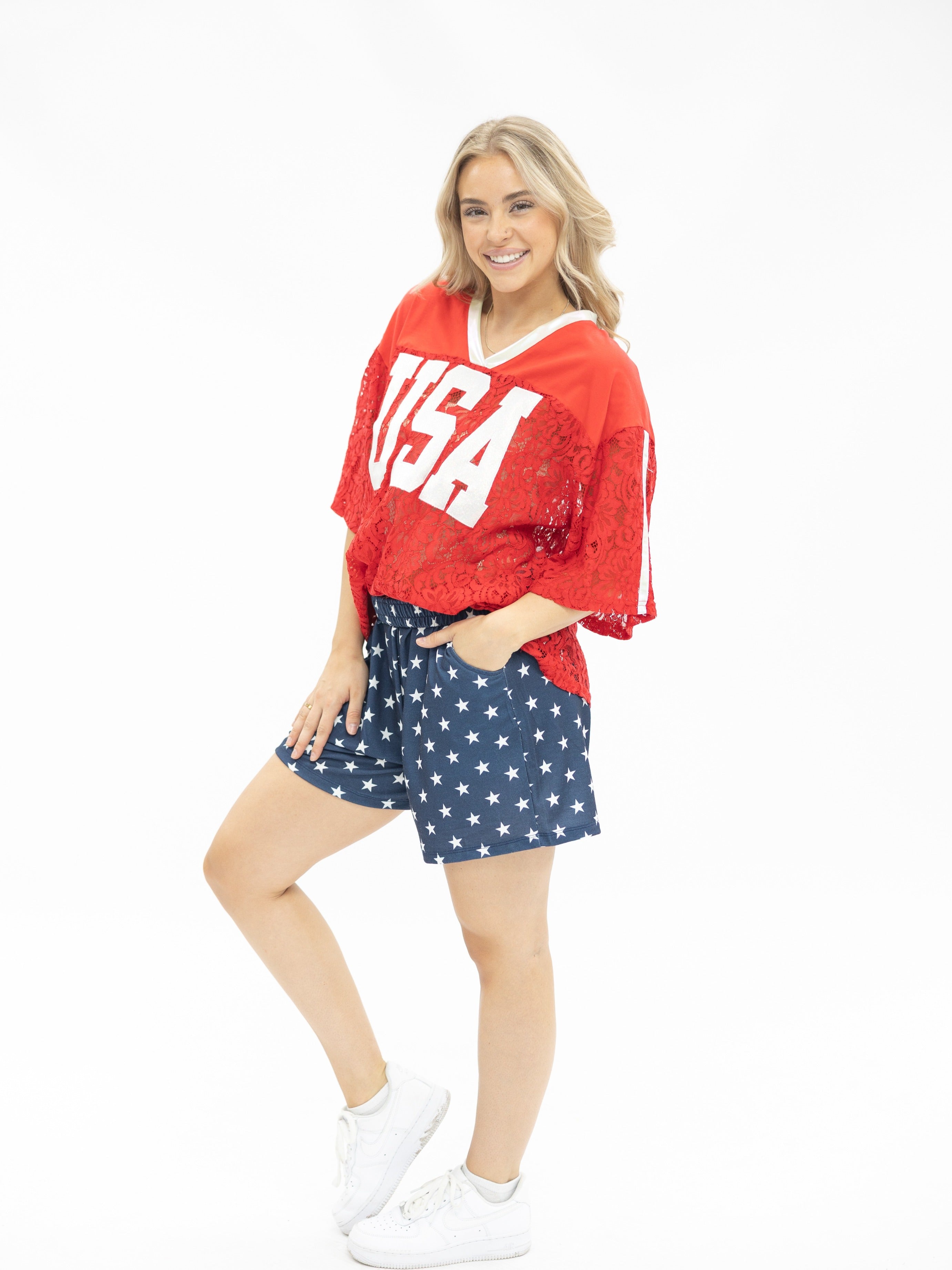 Grace+Emma Red Lace "USA" Jersey — back view