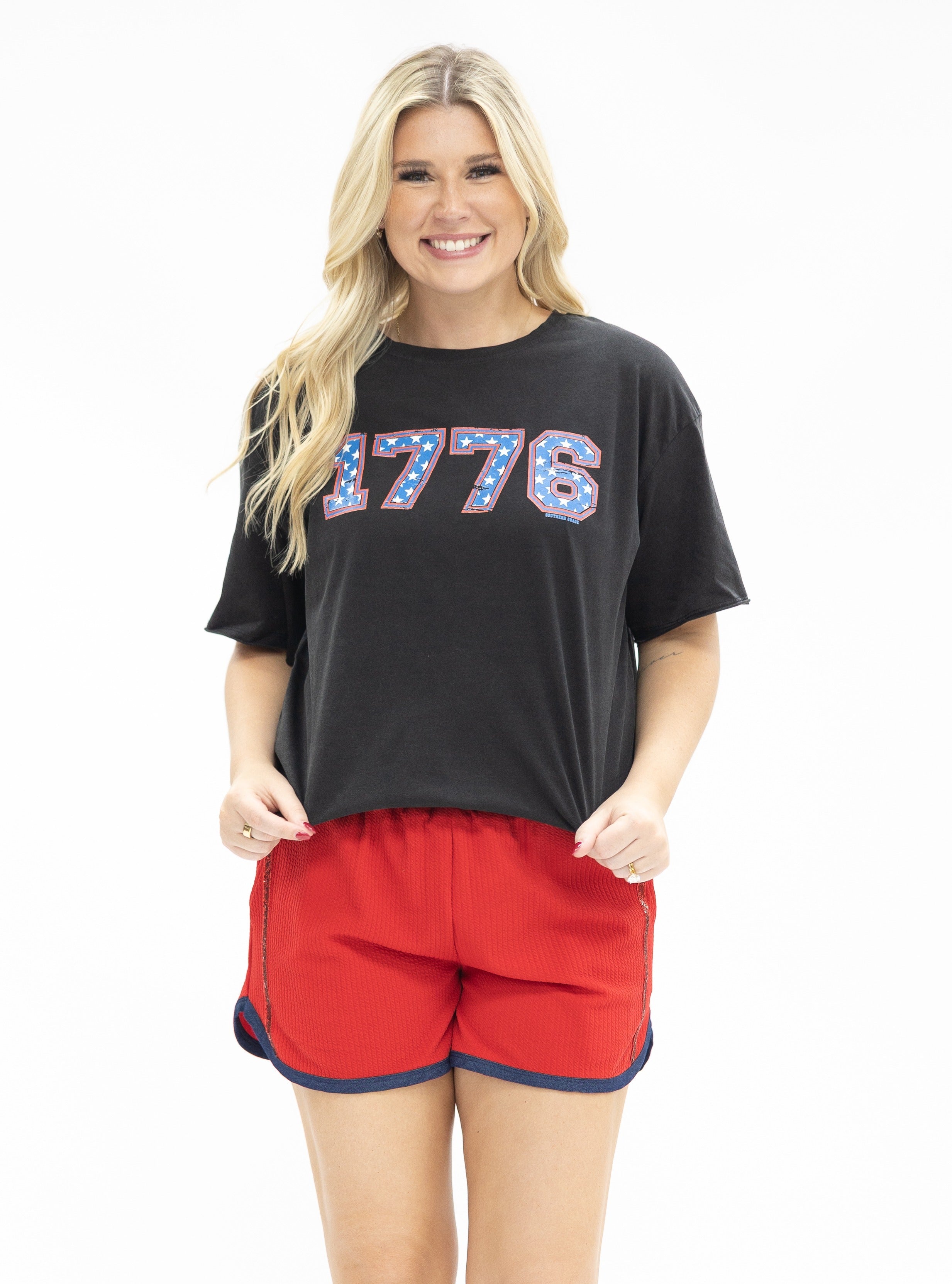 Grace+Emma Red Shorts with Denim Accents — back view