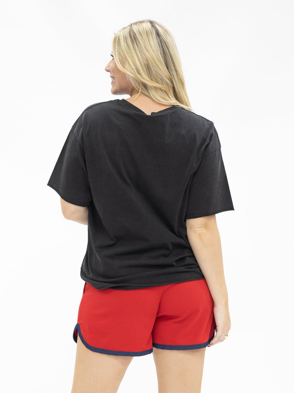 Grace+Emma Red Shorts with Denim Accents — alternative angle