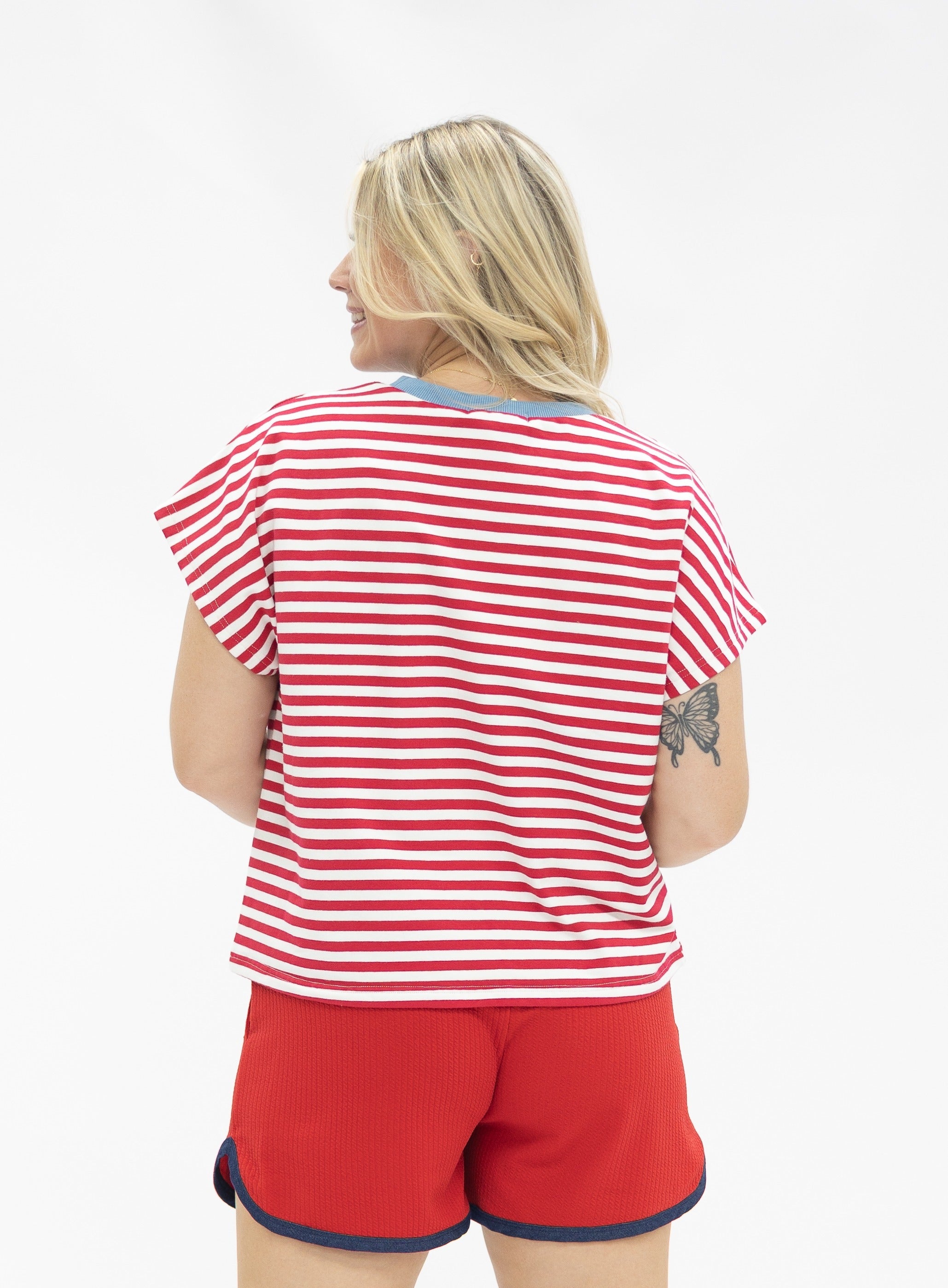 Grace+Emma 1776 on a Short Sleeve Stripe Top — back view
