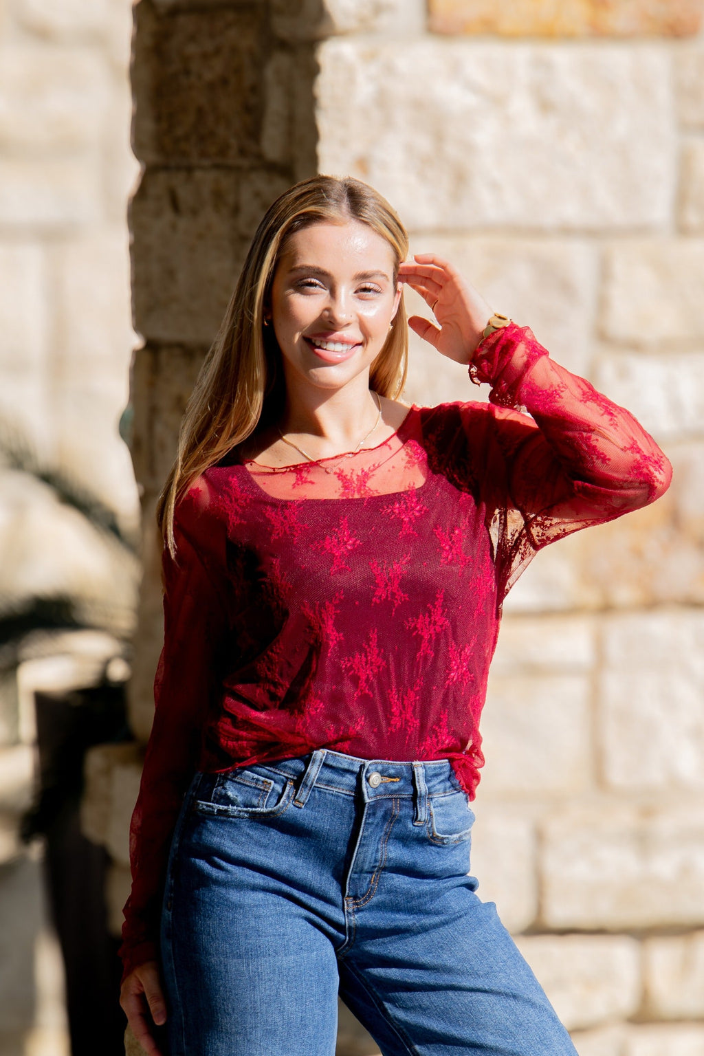 Grace+Emma Lace Long-sleeve Top, Red — detail close-up