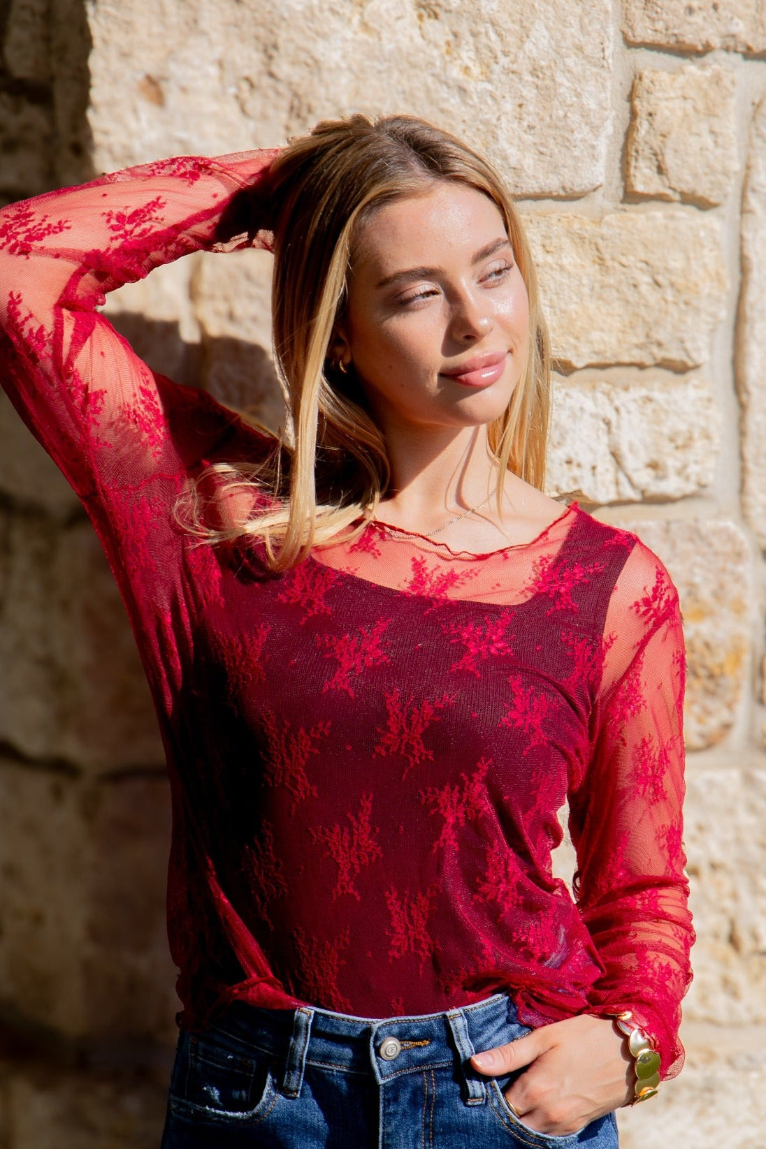 Grace+Emma Lace Long-sleeve Top, Red — main product shot