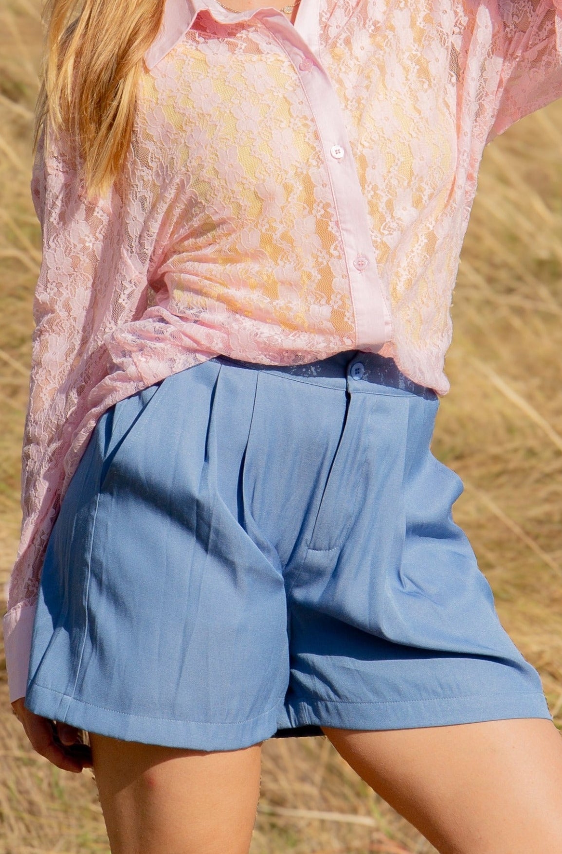 Grace+Emma Trouser Shorts, Chambray — detail close-up