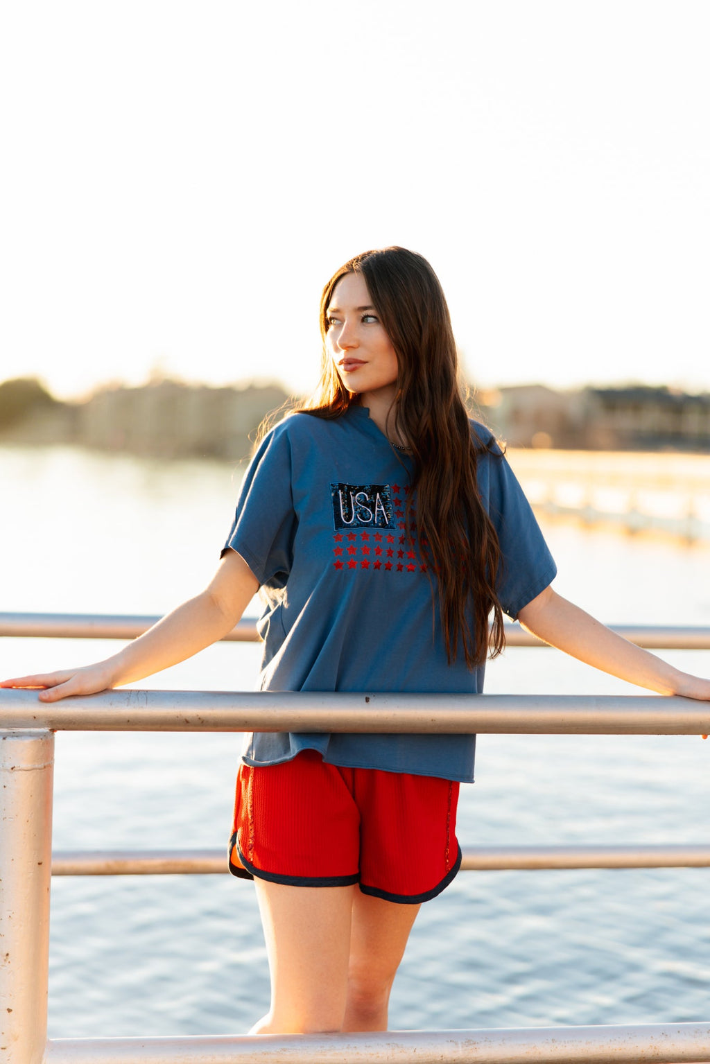 Grace+Emma USA Flag Glitter Stars Top — in-use photo
