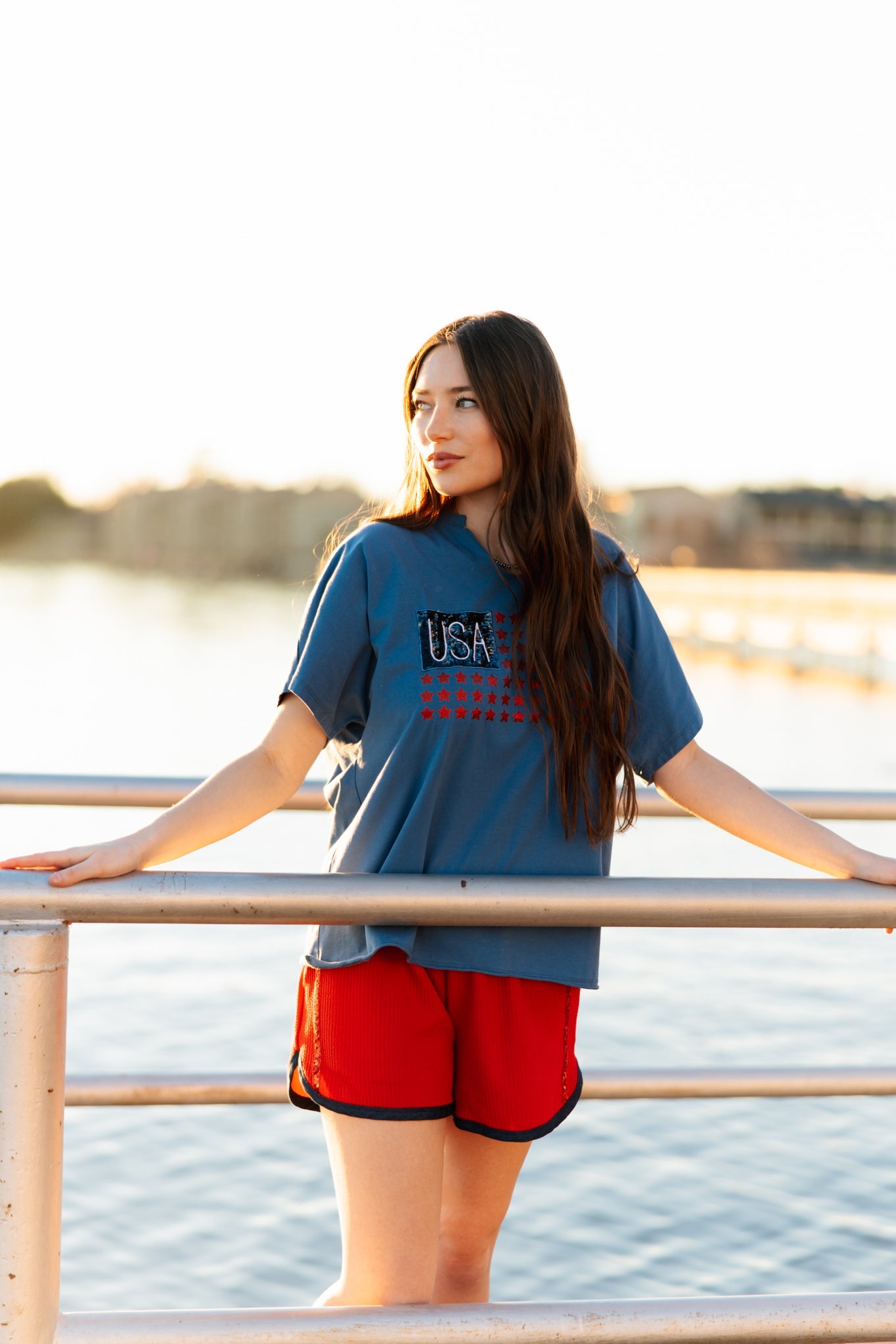 Grace+Emma USA Flag Glitter Stars Top — in-use photo