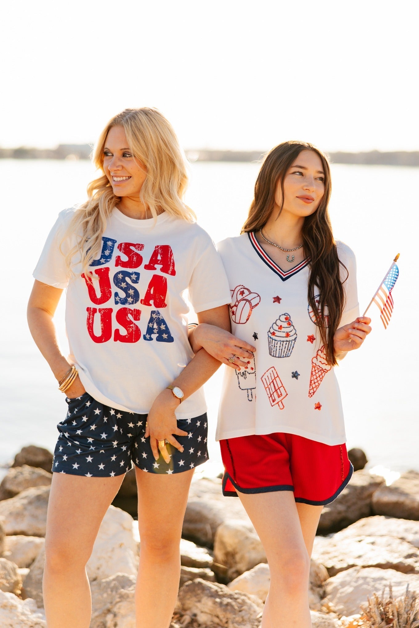 Grace+Emma Sequin Americana Elements on V-Neck Top — lifestyle context