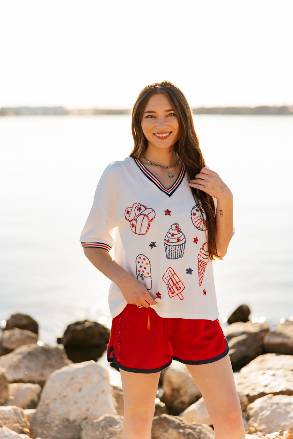 Grace+Emma Sequin Americana Elements on V-Neck Top — main product shot