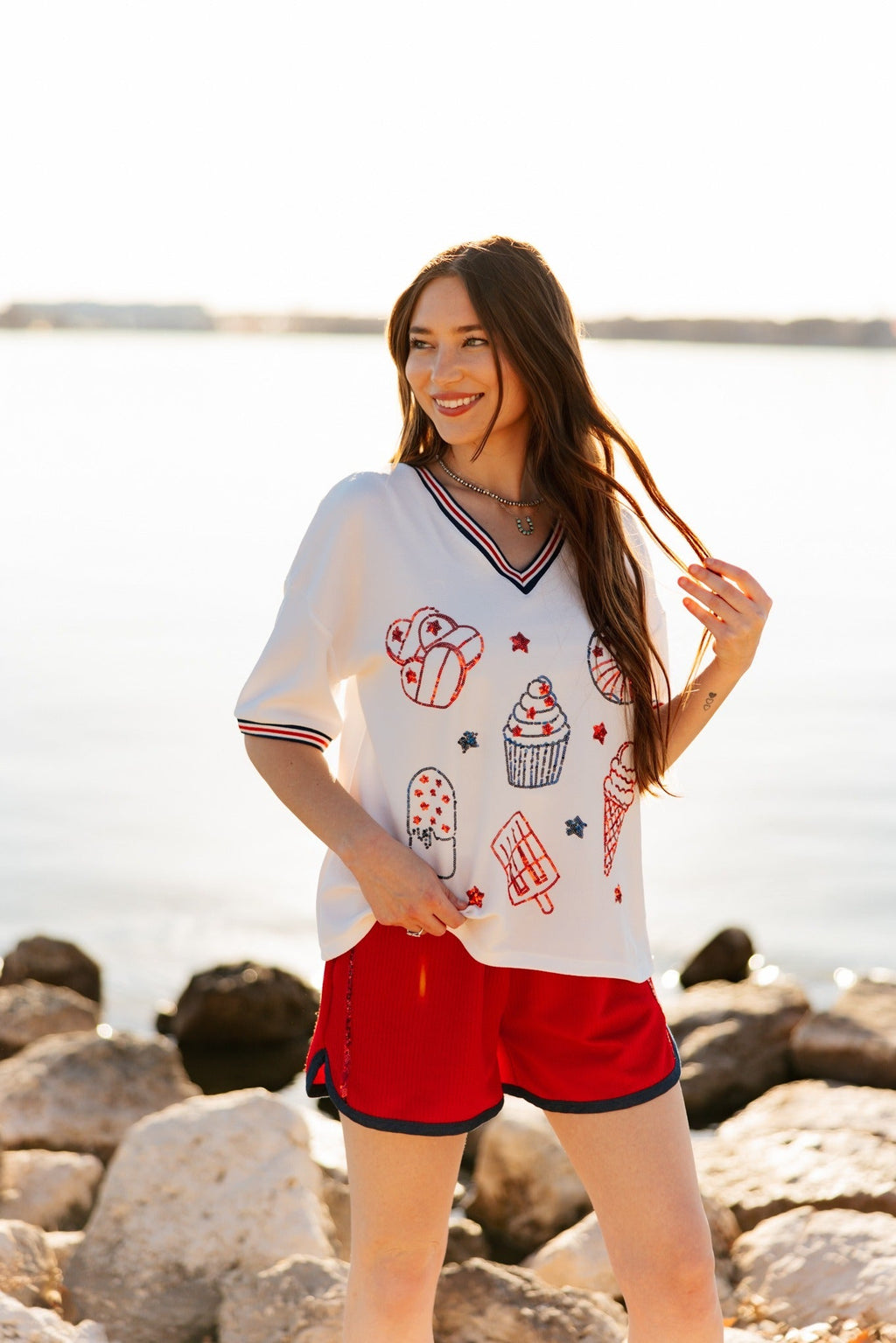 Grace+Emma Sequin Americana Elements on V-Neck Top — detail close-up
