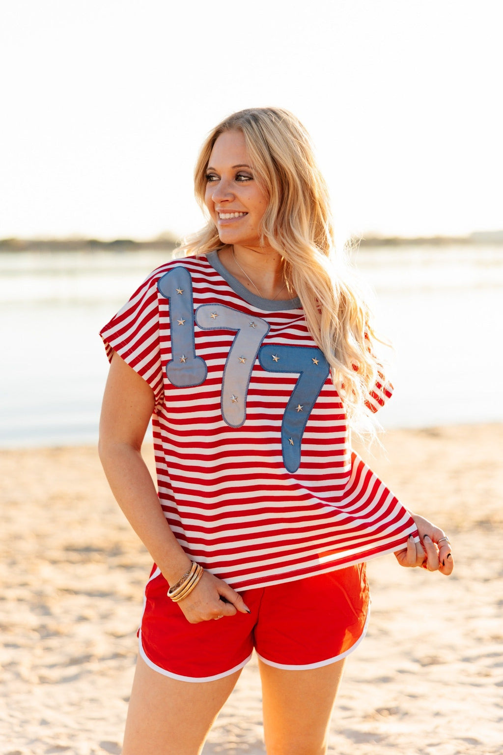 Grace+Emma 1776 on a Short Sleeve Stripe Top — detail close-up