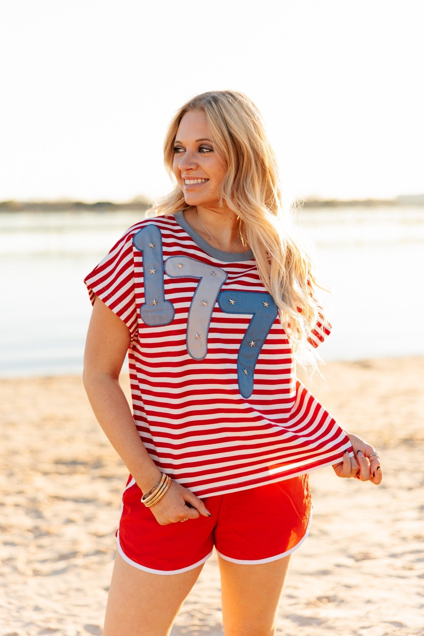 Grace+Emma 1776 on a Short Sleeve Stripe Top — detail close-up