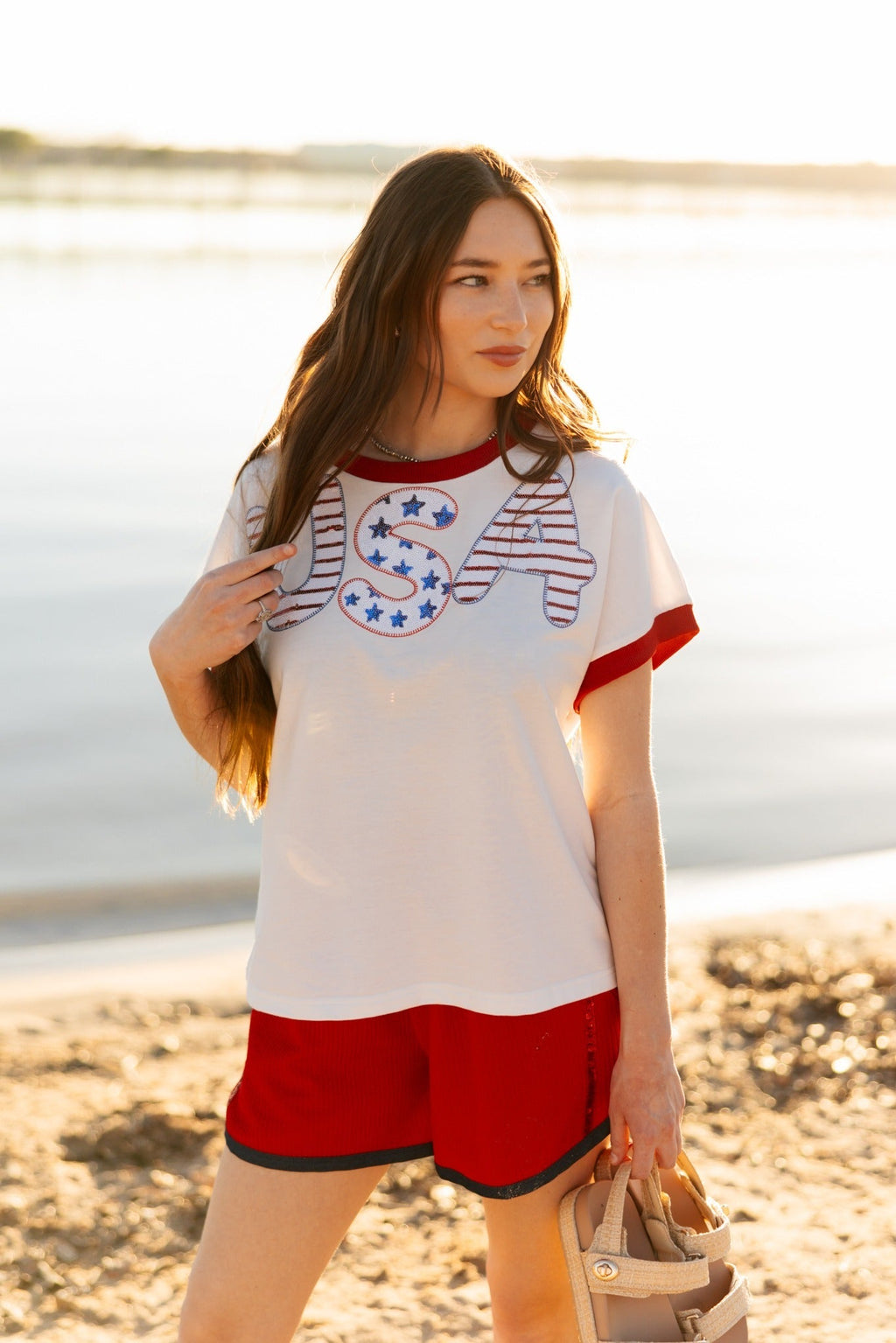 Grace+Emma Sequin "USA" on White Top — detail close-up
