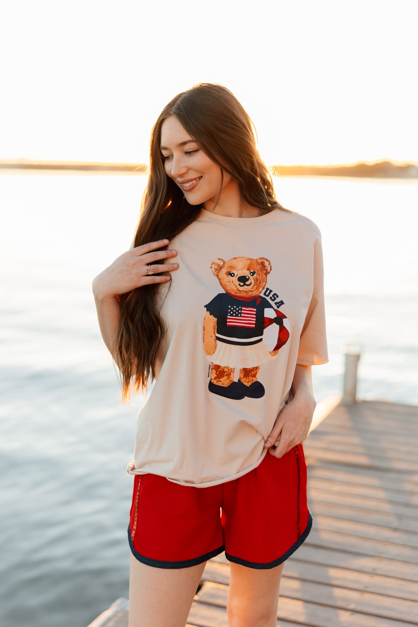 Grace+Emma USA Teddy on Beige Boxy Tee — detail close-up
