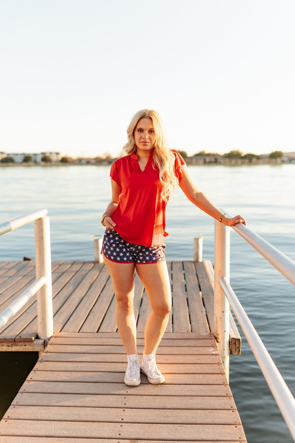 Grace+Emma The Nicole V-Neck Top, Red — detail close-up