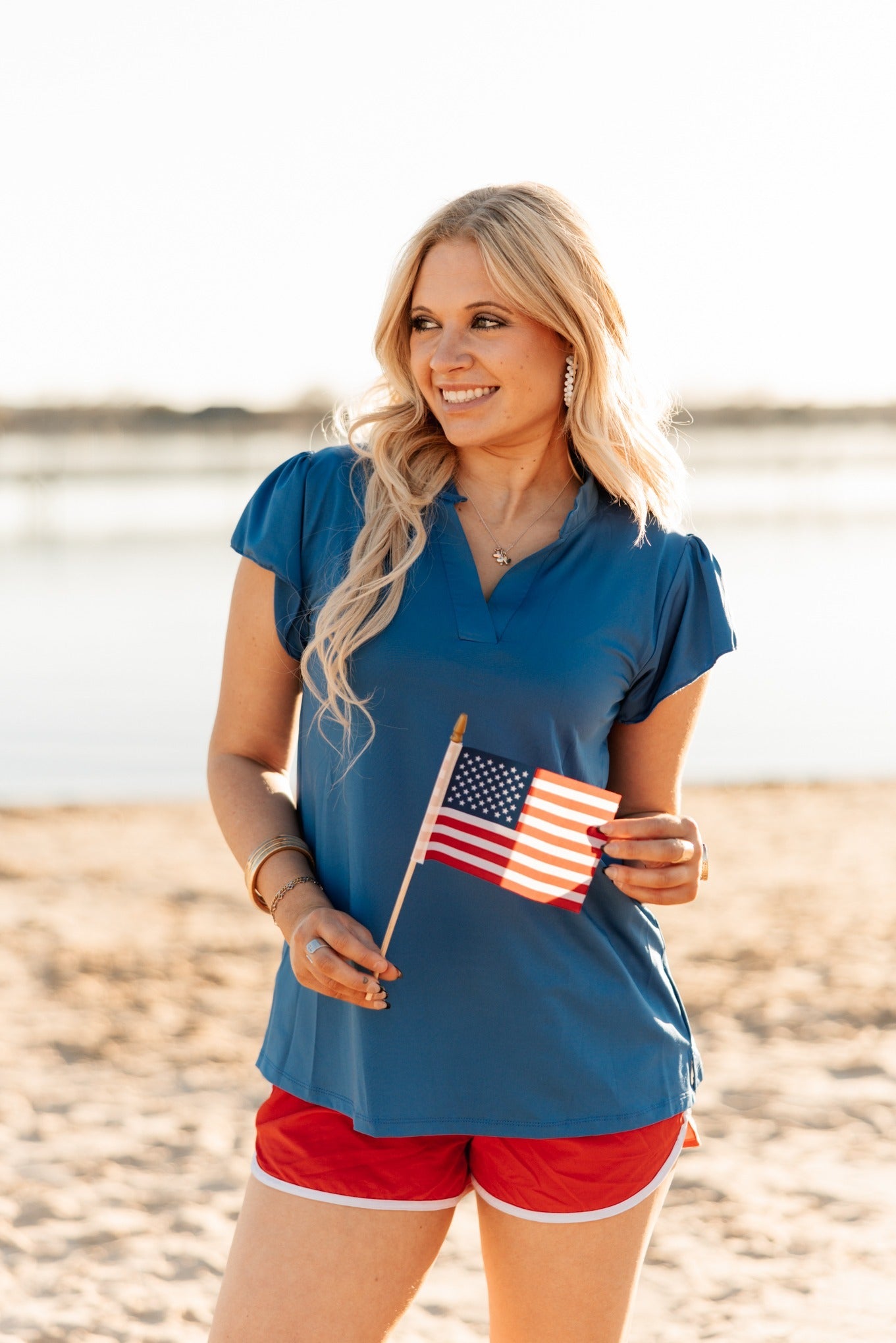 Grace+Emma The Nicole V-Neck Top, Blue — detail close-up