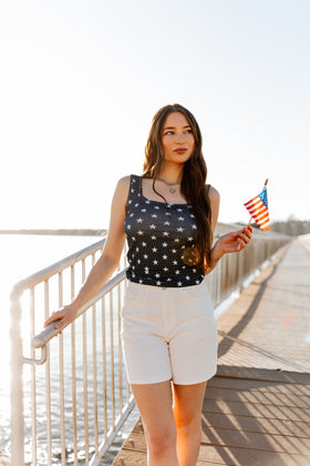 Bella Square Neck Rib Knit Tank Top, Navy Stars