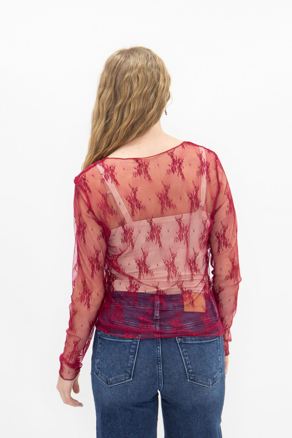 Grace+Emma Lace Long-sleeve Top, Red — alternative angle