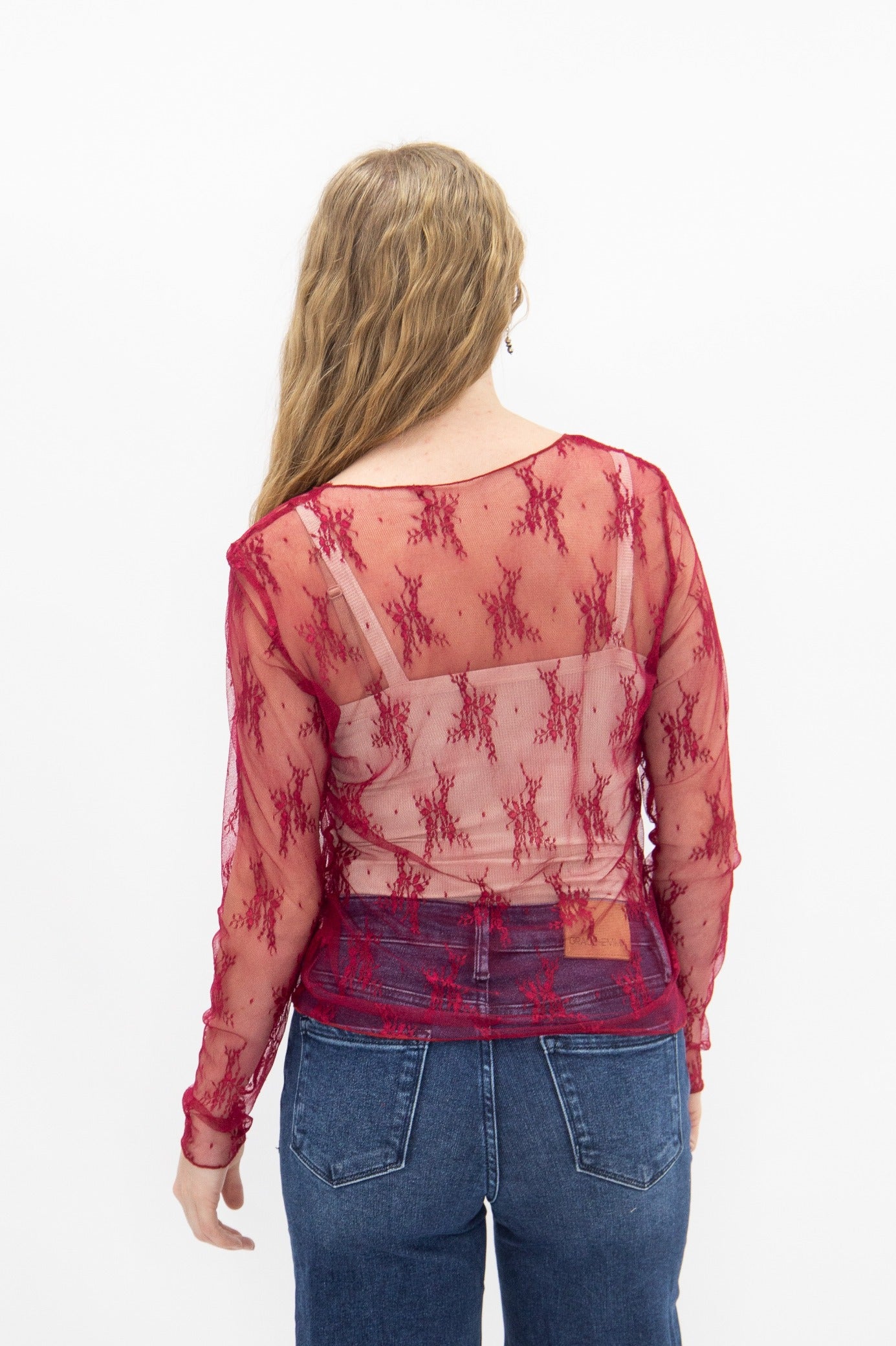 Grace+Emma Lace Long-sleeve Top, Red — alternative angle