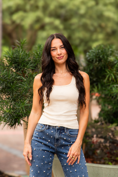 Bella Square Neck Rib Knit Tank Top, Ivory
