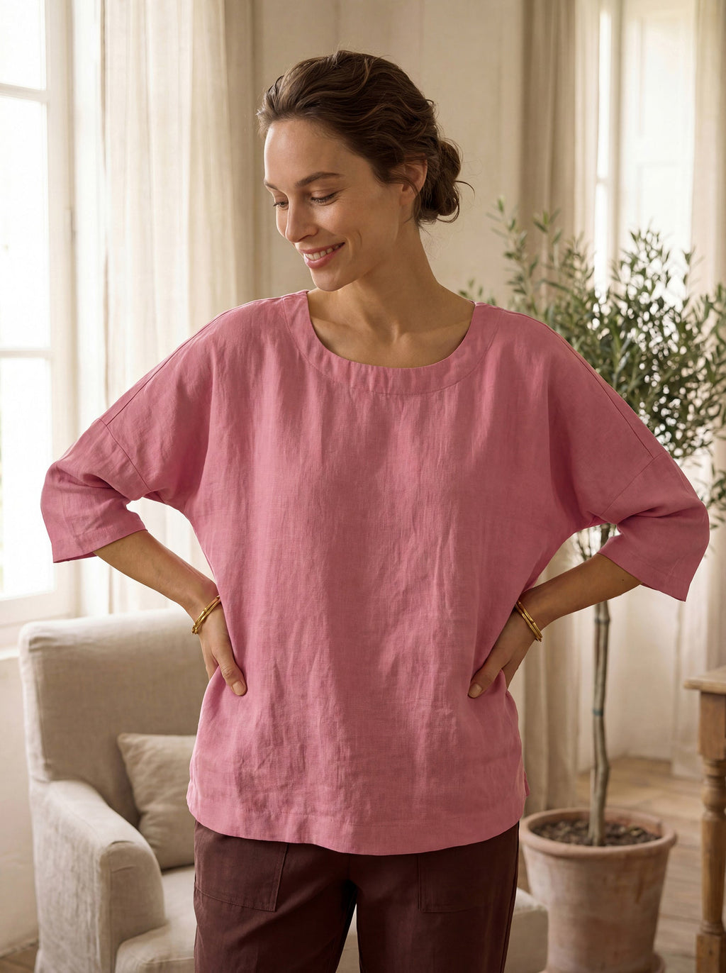 LINTICO 100% Linen Boatneck 3/4 Length Sleeve Top AURORA — lifestyle context