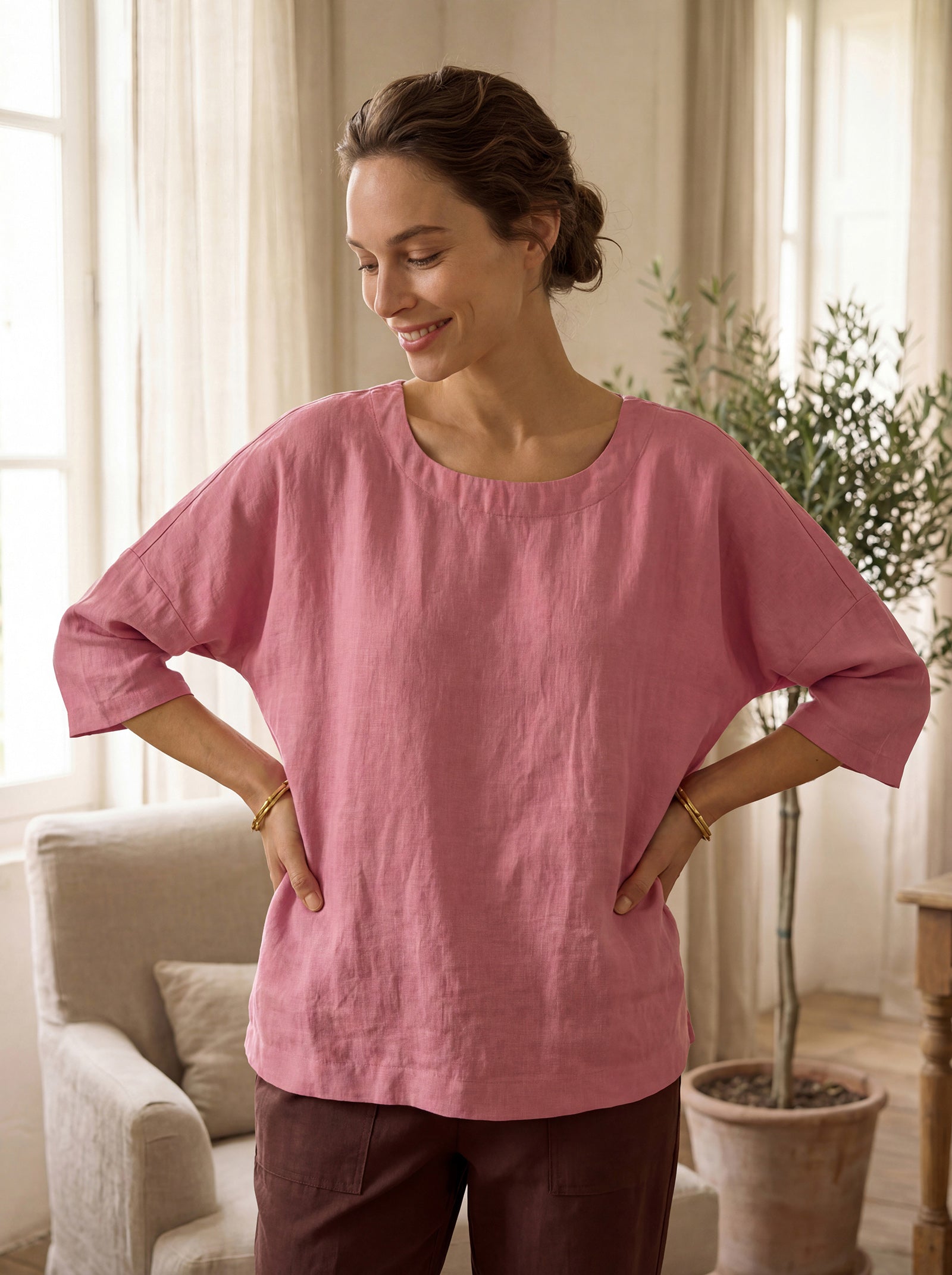 LINTICO 100% Linen Boatneck 3/4 Length Sleeve Top AURORA — lifestyle context