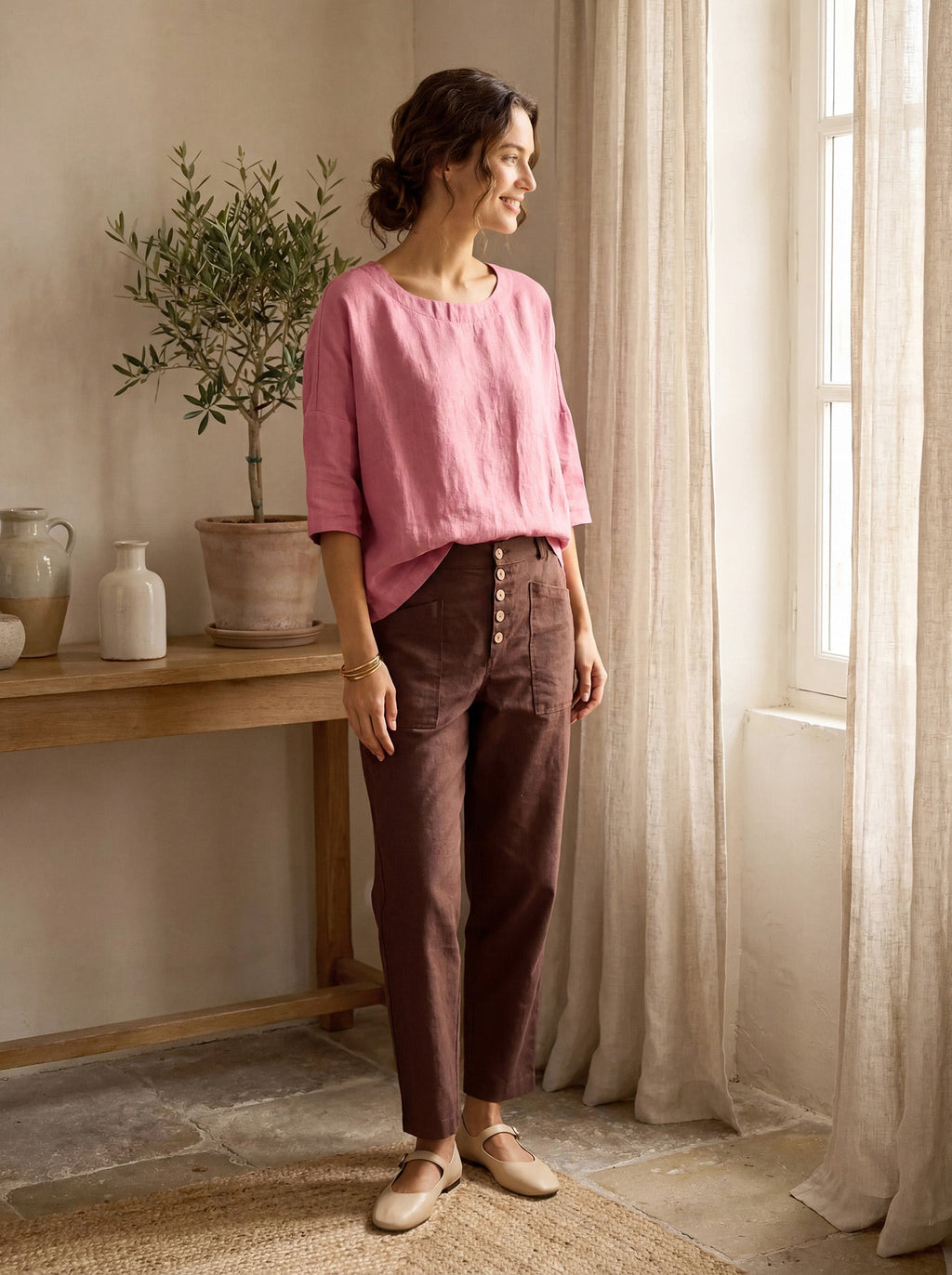 LINTICO Linen Simple Button Fly Trousers HEIDI — construction detail