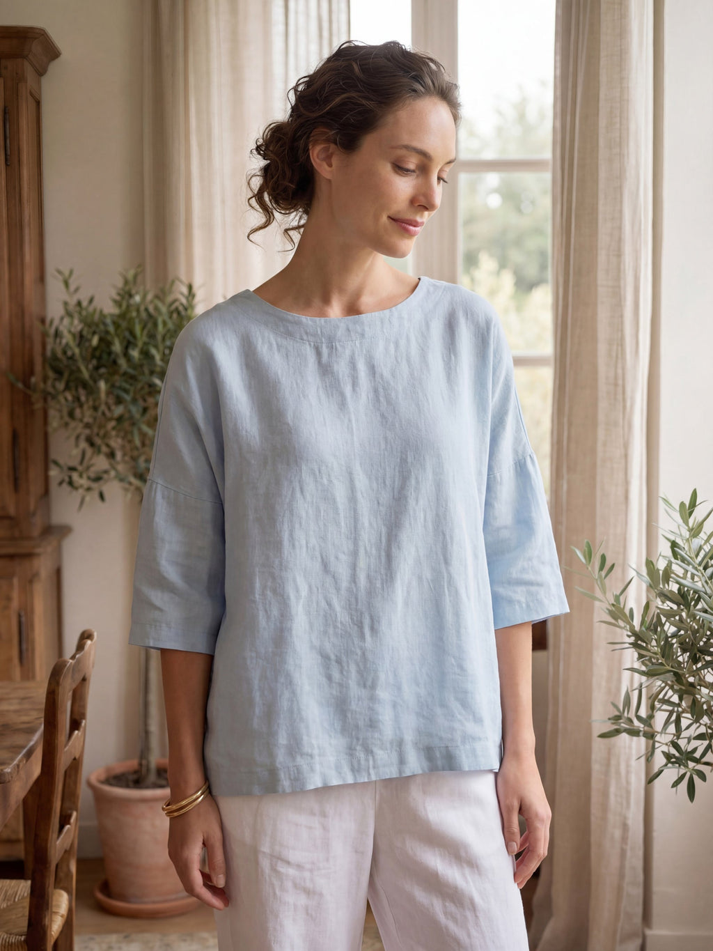 LINTICO 100% Linen Boatneck 3/4 Length Sleeve Top AURORA — tops-blouses-linen category context