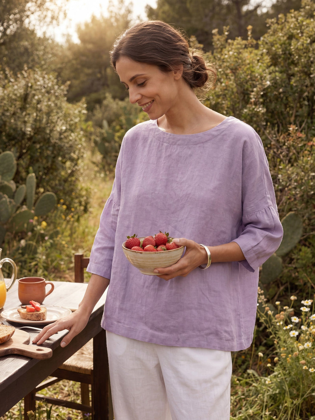 LINTICO 100% Linen Boatneck 3/4 Length Sleeve Top AURORA — fabric or material detail