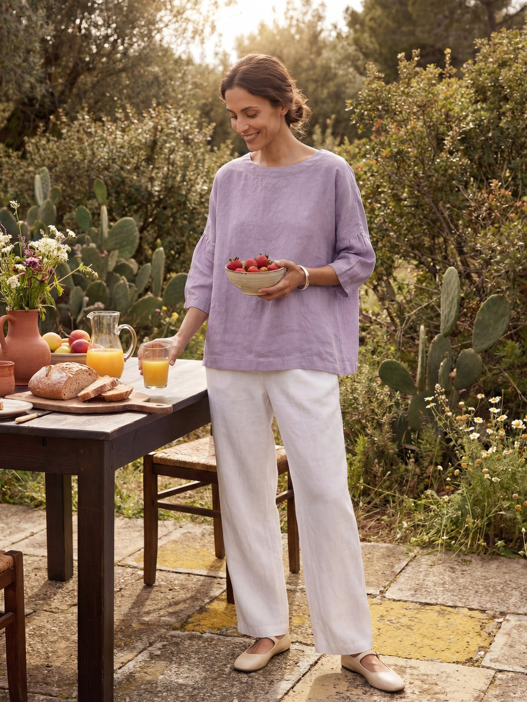 LINTICO 100% Linen Boatneck 3/4 Length Sleeve Top AURORA — feature highlight