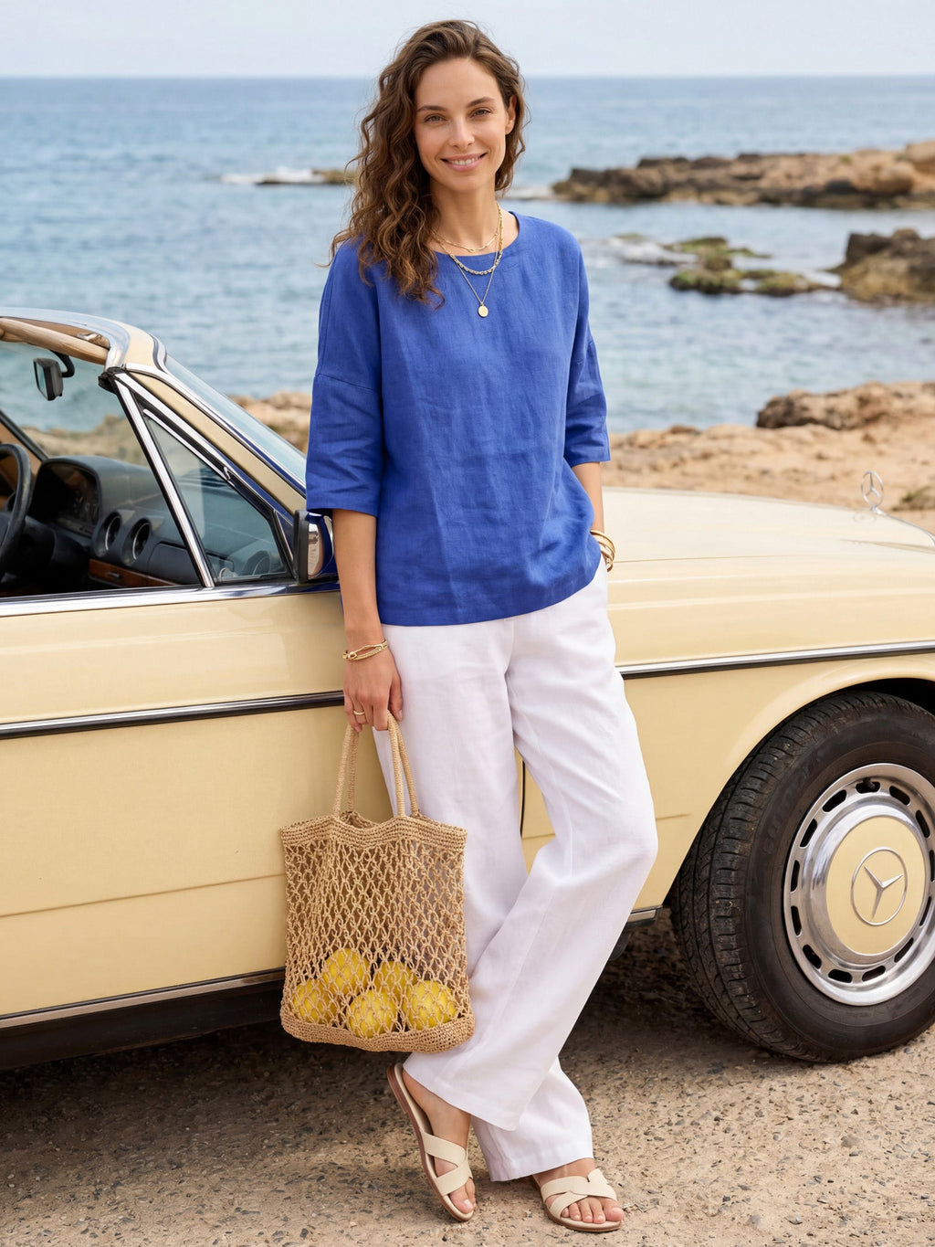 LINTICO 100% Linen Boatneck 3/4 Length Sleeve Top AURORA — fabric or material detail