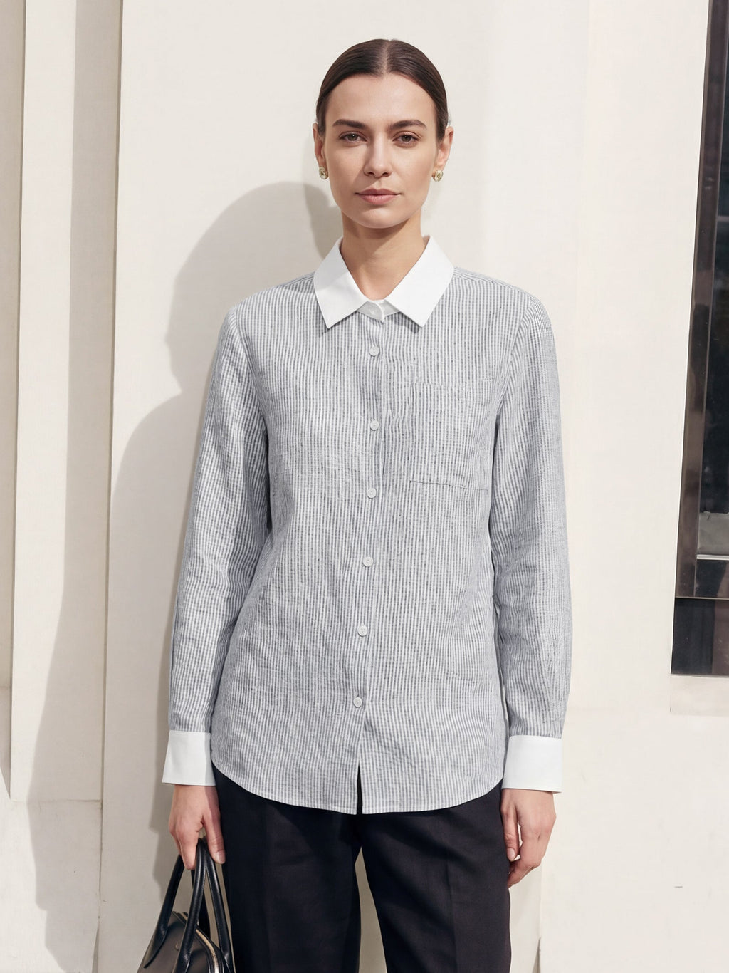 LINTICO LINTICO 100% Linen Striped Patchwork Pleat Shirt THEA — construction detail