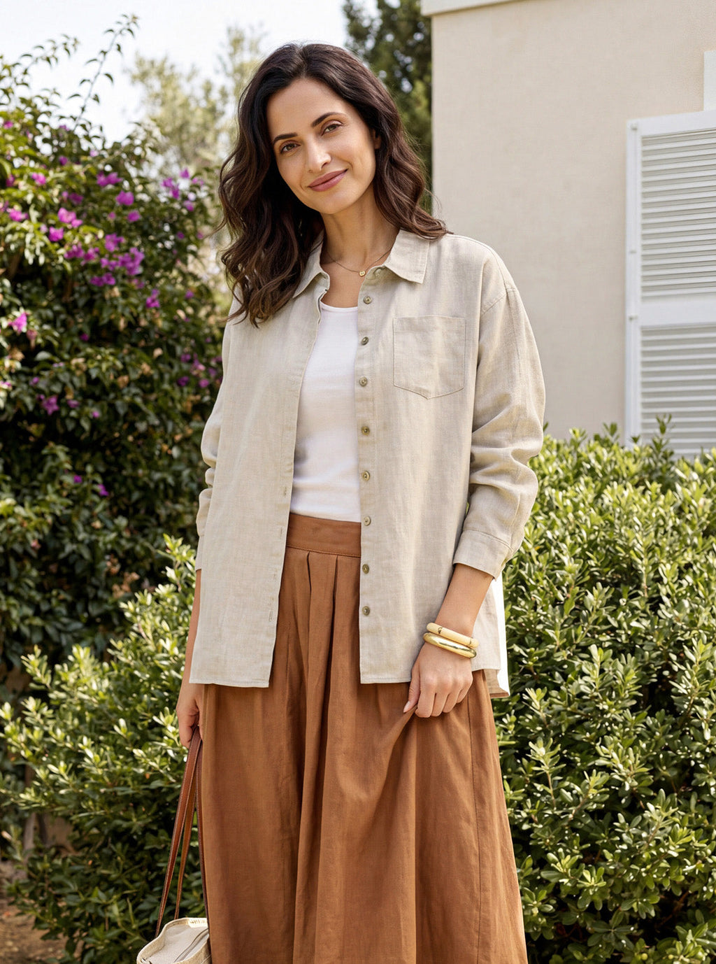 LINTICO 100% Linen Concealed Placket Patch Pocket Shirt FELICITY — construction detail