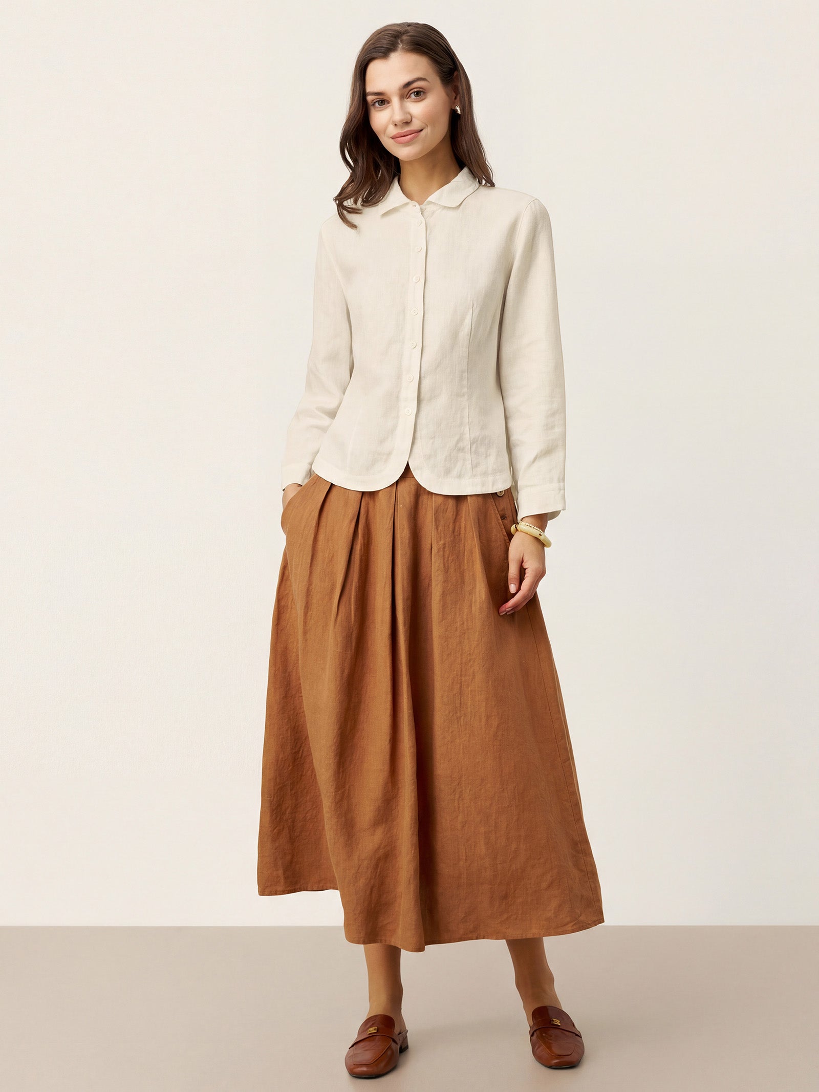 LINTICO 100% Linen Small Collar Curved Hem Tailored Shirt AVELINE — feature highlight
