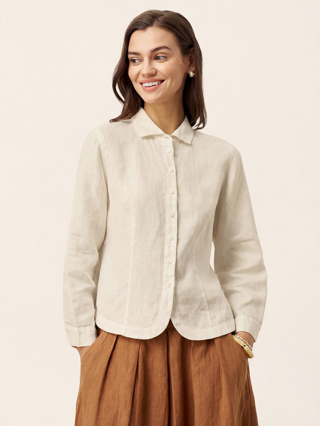 LINTICO 100% Linen Small Collar Curved Hem Tailored Shirt AVELINE — detail shot 10