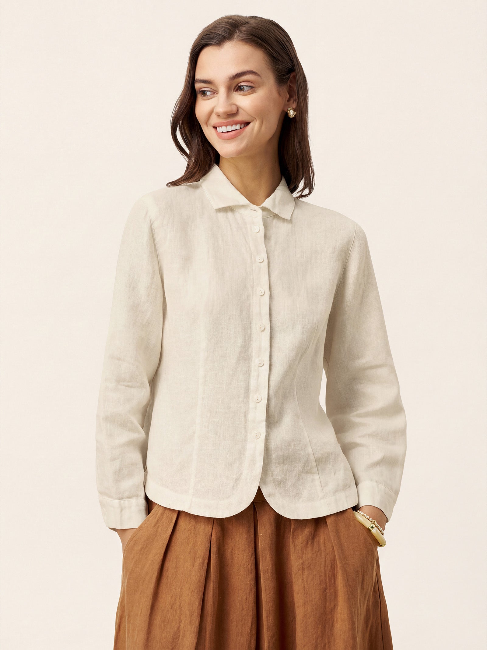 LINTICO 100% Linen Small Collar Curved Hem Tailored Shirt AVELINE — detail shot 10