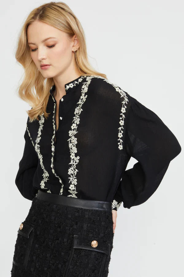 KADOU BOUTIQUE Embroidered Edge Stand Collar Blouse — lifestyle context