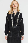 KADOU BOUTIQUE Embroidered Edge Stand Collar Blouse — detail close-up