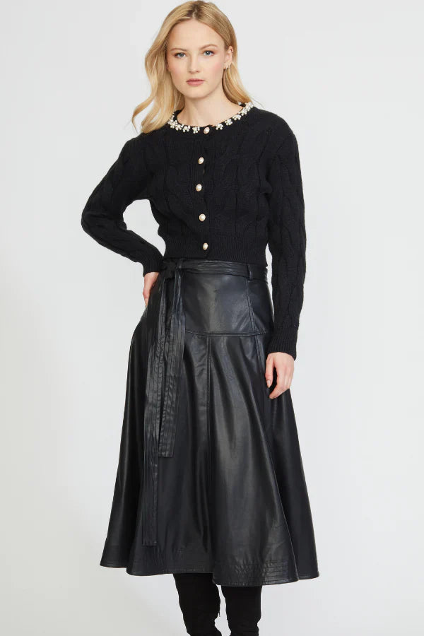 KADOU BOUTIQUE Faux Leather Midi Skirt — lifestyle context