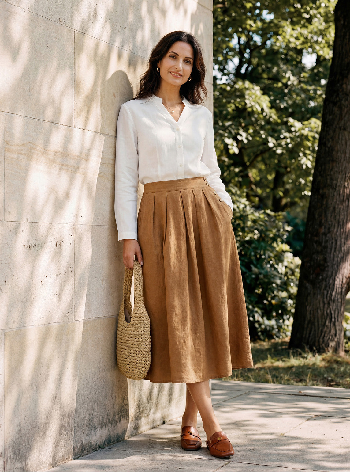 LINTICO 100% Linen Pleated Side Button Skirt LILITH — construction detail